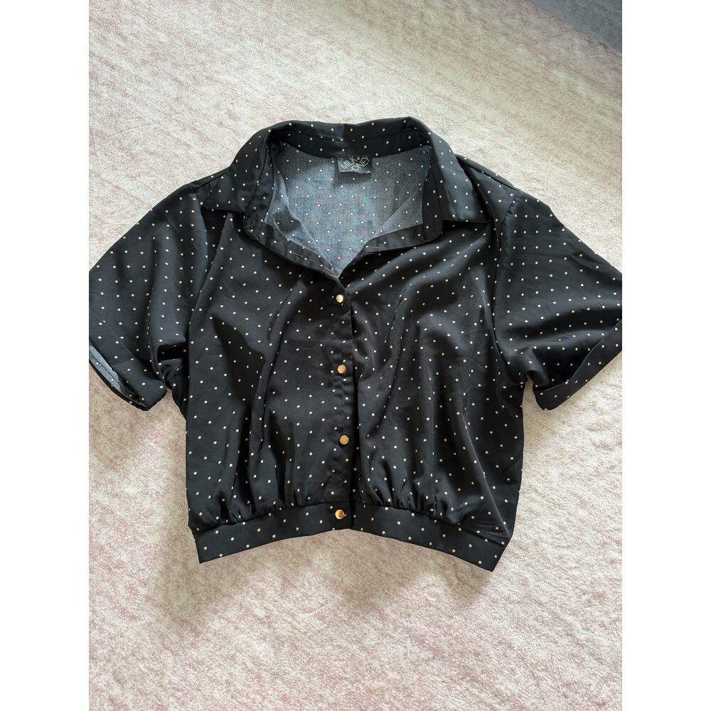 Milk & Honey XL Black Polka Dot Collared Blouse Gold Buttons Short Sleeve
